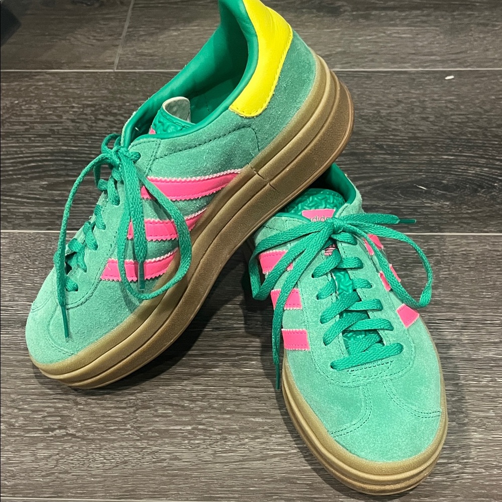 Adidas Women's Green and Pink Sneakers with Yellow Accent